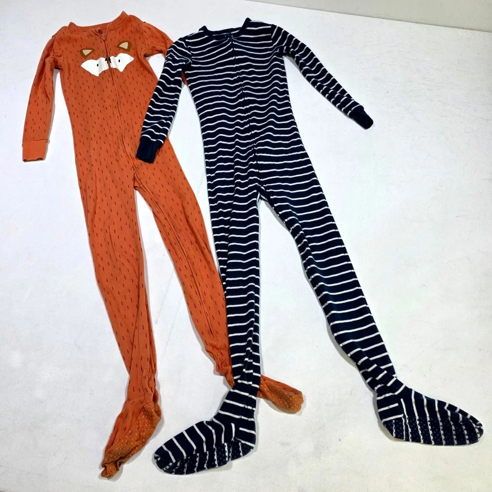 Old Navy Footed Pajamas Unisex 6T Orange Navy Fox Striped 2 Pack Sleeper Set